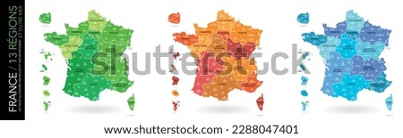 Map of 13 French regions and 5 overseas regions (included: limit of departments)