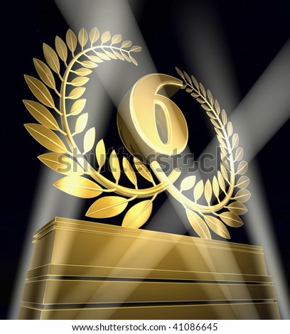 Golden laurel wreath with number six inside on a golden pedestal
