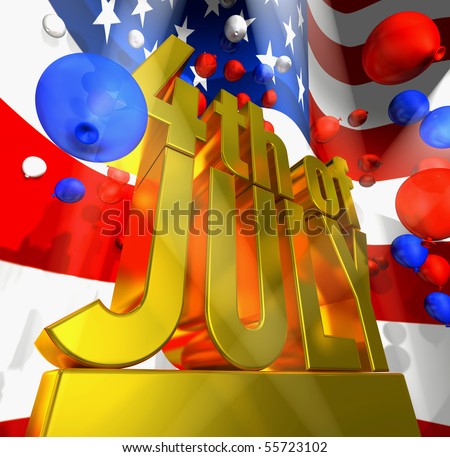 July 4 in golden letters on a golden pedestal and a lot of balloons in the national colors of the USA in front of the American flag