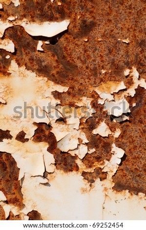 Rusty background        A rusty old metal plate with cracked white gloss paint