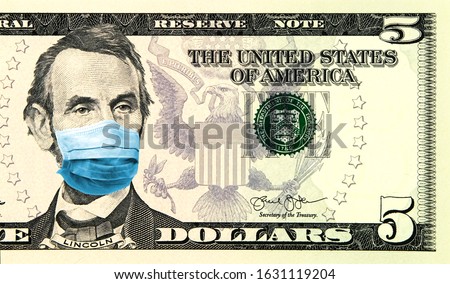 Omicron COVID Coronavirus vs Finance. Quarantine and global recession. 5 American dollar banknote with a face mask against infection. Global economy hit by corona virus pandemic. Montage. Concept