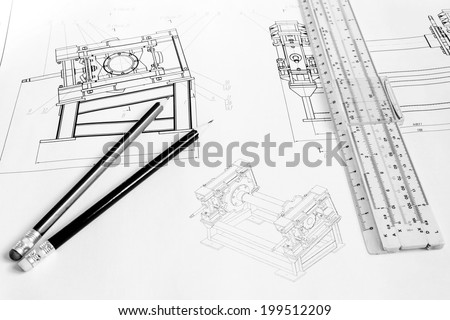 drawings of the tension unit with slide rule and pencils