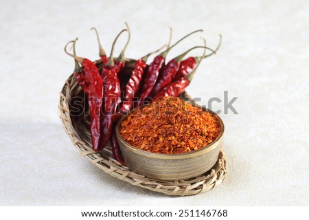 red chilli powder in a brass bowl with dry red chilli