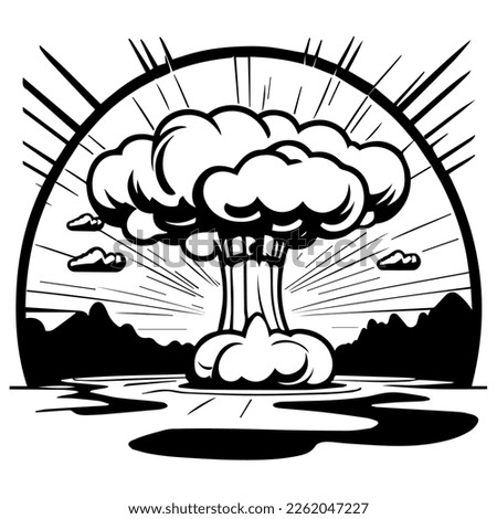 Nuclear explosion mushroom in cartoon black and white style for coloring. Vector illustration