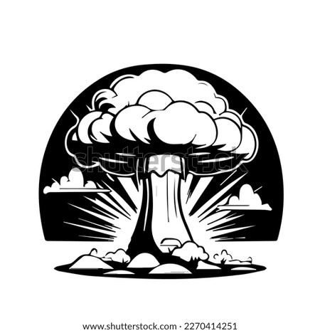 Nuclear explosion mushroom in cartoon black and white style for coloring. Vector illustration	