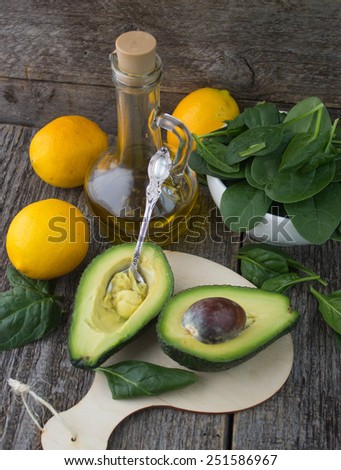 avocado, spinach and lemons. Shallow depth of field