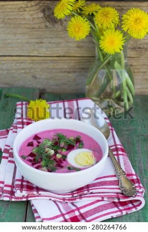 Beetroot soup. Holodnik. Cold soup made from beets, cucumbers, eggs, herbs and yoghurt. Traditional Lithuanian dish