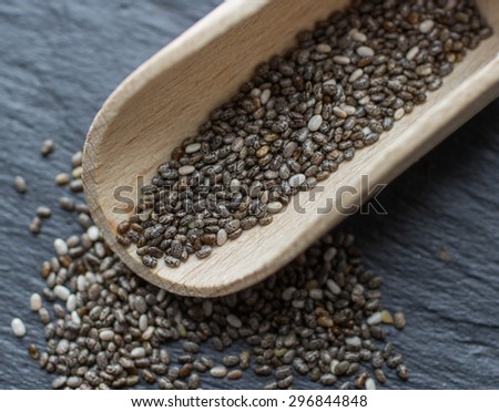 Organic Dry Chia Seeds -  a rich source of omega-3 fatty acids. Selective focus