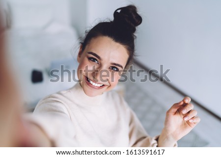 Similar – Image, Stock Photo Smiling Young woman taking a selfie on her motor home parked on the beach on a sunny day