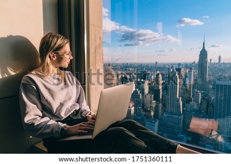 Similar – Image, Stock Photo Content woman with USA flag standing on road