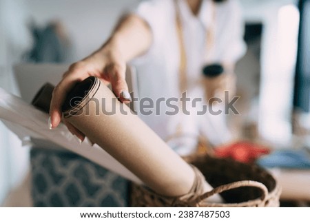 Similar – Image, Stock Photo Anonymous woman taking measurements in a wired dummy