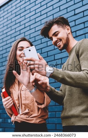 Similar – Image, Stock Photo Best female friends near lake during holiday