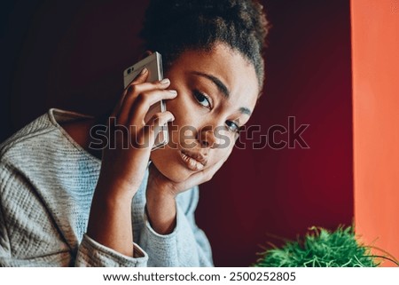 Similar – Image, Stock Photo Pensive woman having telephone conversation