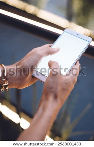 Similar – Image, Stock Photo Anonymous woman using gadgets during camping