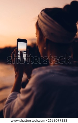 Similar – Image, Stock Photo Anonymous traveler on hill on misty day