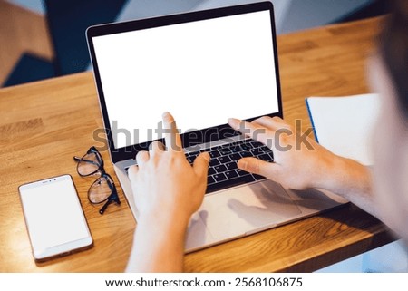 Image, Stock Photo From above an anonymous dj man playing in a club with lights