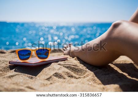 Similar – Image, Stock Photo Person legs on seascape background during sunset