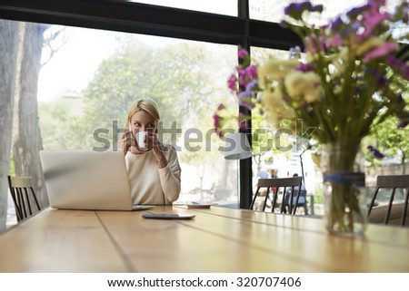 Confident business woman work on laptop computer holding the cup of cafe,female freelancer at distance work via net-book enjoying her cup of tea,young caucasian student learning on-line at coffee shop