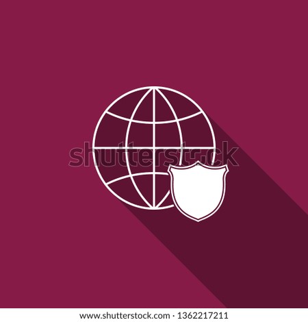 Shield with world globe icon isolated with long shadow. Security, safety, protection, privacy concept. Flat design. Vector Illustration