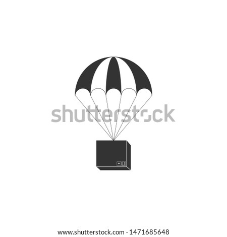 Box flying on parachute icon isolated. Parcel with parachute for shipping. Delivery service, air shipping concept, bonus concept. Flat design. Vector Illustration