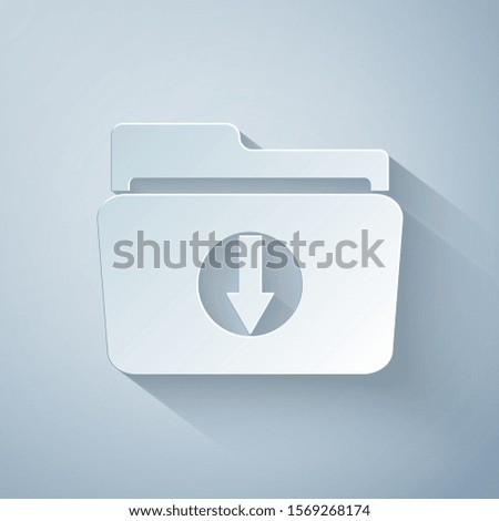 Paper cut Folder download icon isolated on grey background. Paper art style. Vector Illustration