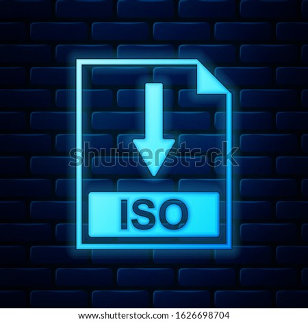 Glowing neon ISO file document icon. Download ISO button icon isolated on brick wall background.  Vector Illustration