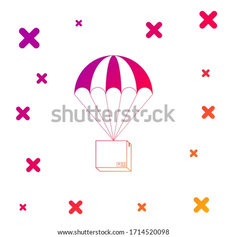 Color Box flying on parachute icon on white background. Parcel with parachute for shipping. Delivery service, air shipping concept, bonus concept. Gradient random dynamic shapes. Vector Illustration