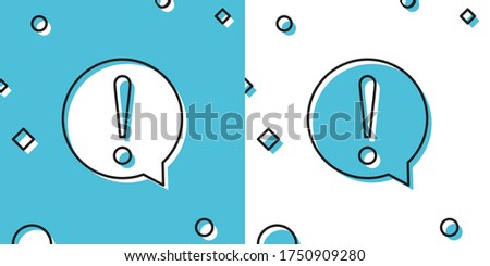 Black Exclamation mark in circle icon on blue and white background. Hazard warning symbol. FAQ sign. Copy files, chat speech bubble and chart web icons. Random dynamic shapes. Vector Illustration