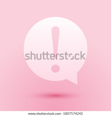Paper cut Exclamation mark in circle icon isolated on pink background. Hazard warning symbol. FAQ sign. Copy files, chat speech bubble. Paper art style. Vector.