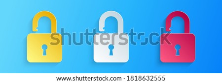 Paper cut Open padlock icon isolated on blue background. Opened lock sign. Cyber security concept. Digital data protection. Safety safety. Paper art style. Vector.