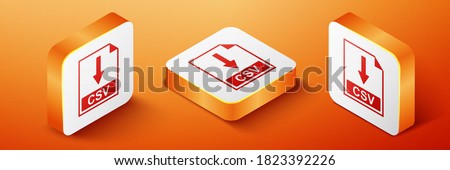 Isometric CSV file document icon. Download CSV button icon isolated on orange background. Orange square button. Vector.