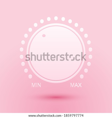 Paper cut Dial knob level technology settings icon isolated on pink background. Volume button, sound control, music knob with scale, analog regulator. Paper art style. Vector.