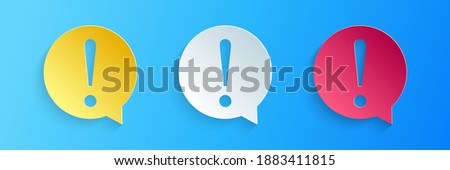 Paper cut Exclamation mark in circle icon isolated on blue background. Hazard warning symbol. FAQ sign. Copy files, chat speech bubble. Paper art style. Vector.
