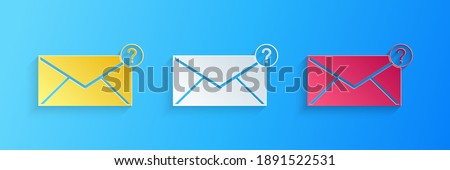 Paper cut Envelope with question mark icon isolated on blue background. Letter with question mark symbol. Send in request by email. Paper art style. Vector.
