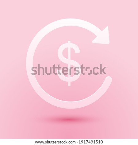 Paper cut Refund money icon isolated on pink background. Financial services, cash back concept, money refund, return on investment, currency exchange. Paper art style. Vector.