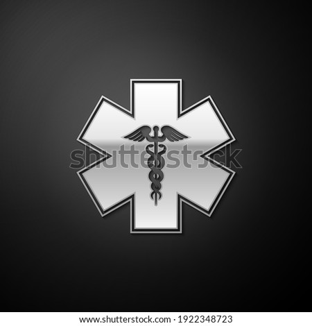 Silver Emergency star - medical symbol Caduceus snake with stick icon isolated on black background. Star of Life. Long shadow style. Vector.