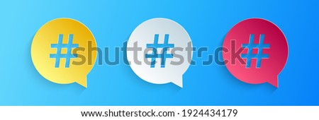Paper cut Hashtag in circle icon isolated on blue background. Social media symbol, concept of number sign, social media, micro blogging pr popularity. Paper art style. Vector