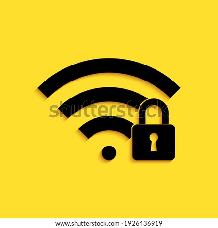 Black Wifi locked icon isolated on yellow background. Password Wi-fi symbol. Wireless Network icon. Wifi zone. Long shadow style. Vector