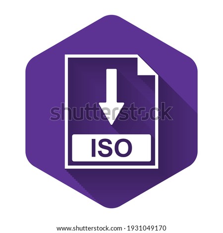 White ISO file document icon. Download ISO button icon isolated with long shadow. Purple hexagon button. Vector Illustration