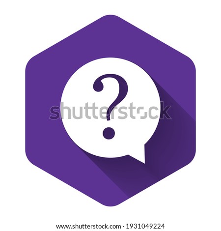 White Question mark in circle icon isolated with long shadow. Hazard warning symbol. FAQ sign. Copy files, chat speech bubble and chart web icons. Purple hexagon button. Vector Illustration