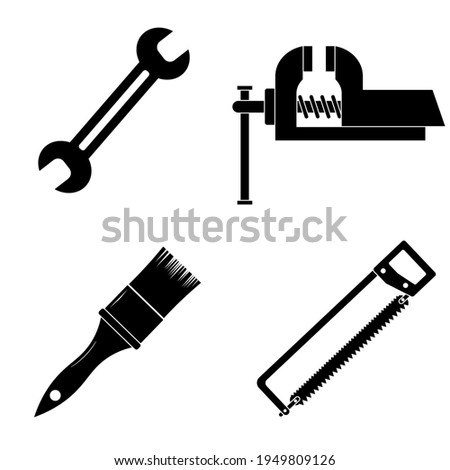 Set of work icons. Spanner, vise, paint brush, hacksaw