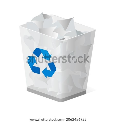 Trash bin or basket with rubbish icon with recycle sign isolated on white background
