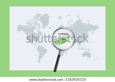 Map of Cyprus on political world map with magnifying glass