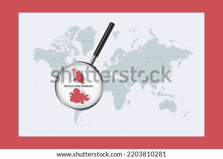 Map of Antigua and Barbuda on political world map with magnifying glass