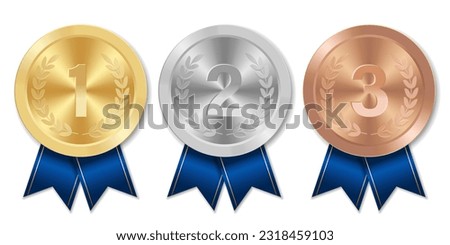 Golden silver and bronze award sport medal with blue ribbons and 