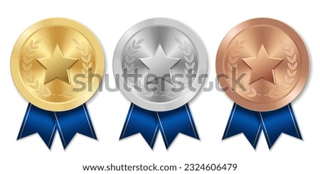 Golden silver and bronze award sport medal with blue ribbons and star