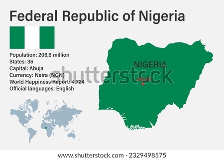 Highly detailed Nigeria map with flag, capital and small map of the world
