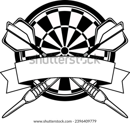 Darts board sport emble. Darts board with crossed arrows and banner. Black and white dart team or club design