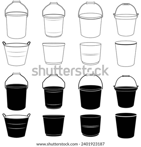 Set of bucket line art and silhouettes