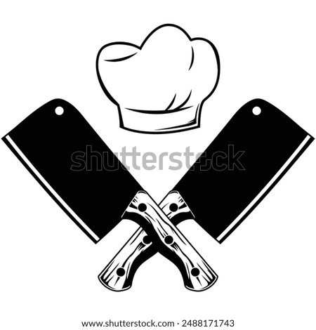 Crossed butcher's knife and chef hat logo. Butcher cooking tool vector illustration. Meat shop logo